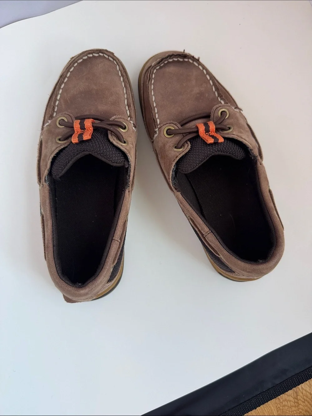 Kids Lands’ End Brown Suede Boat Shoes with Orange Accent